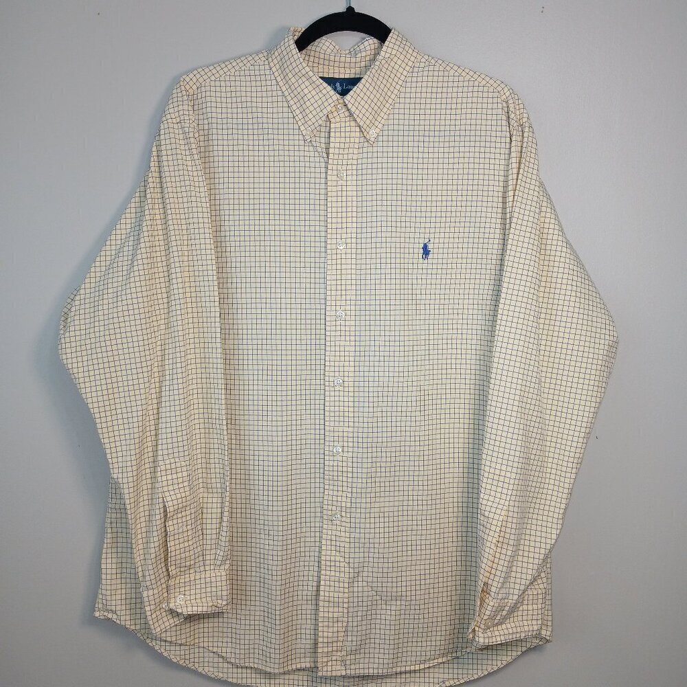 RALPH LAUREN CUSTOM FIT, LONG SLEEVE, BLUE LABEL BLAKE PLAID SHIRT, SIZE 17 1\2
